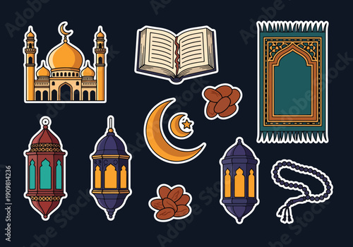 Flat vector illustration set of Ramadan and Islamic elements stickers including mosque, Quran, lantern, prayer mat, dates, and tasbih beads, representing holy month worship, faith, fasting