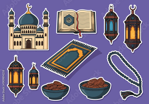Flat vector illustration set of Ramadan and Islamic elements stickers including mosque, Quran, lantern, prayer mat, dates, and tasbih beads, representing holy month worship, faith, fasting