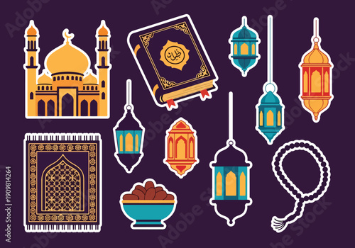 Flat vector illustration set of Ramadan and Islamic elements stickers including mosque, Quran, lantern, prayer mat, dates, and tasbih beads, representing holy month worship, faith, fasting