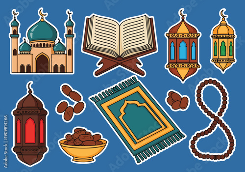Flat vector illustration set of Ramadan and Islamic elements stickers including mosque, Quran, lantern, prayer mat, dates, and tasbih beads, representing holy month worship, faith, fasting