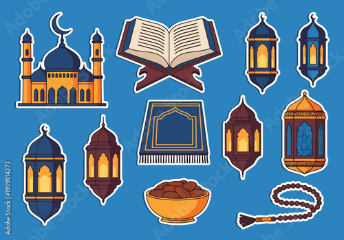 Flat vector illustration set of Ramadan and Islamic elements stickers including mosque, Quran, lantern, prayer mat, dates, and tasbih beads, representing holy month worship, faith, fasting
