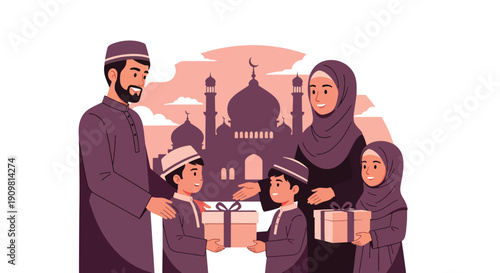 Modern flat vector illustration of Muslim family exchanging gifts during Ramadan, showing love, unity, and joyful spiritual celebration in decorative Islamic style