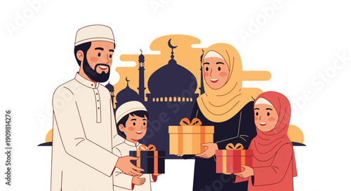 Modern flat vector illustration of Muslim family exchanging gifts during Ramadan, showing love, unity, and joyful spiritual celebration in decorative Islamic style