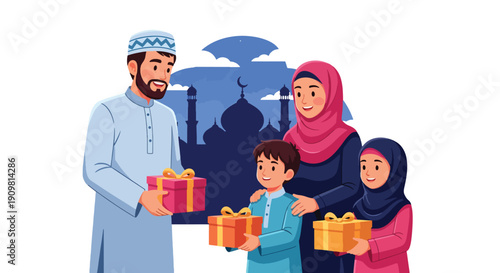 Modern flat vector illustration of Muslim family exchanging gifts during Ramadan, showing love, unity, and joyful spiritual celebration in decorative Islamic style