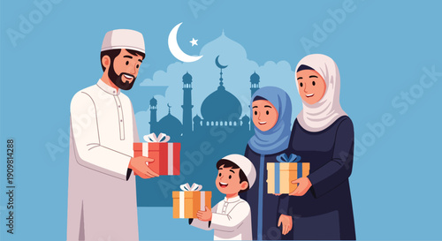 Modern flat vector illustration of Muslim family exchanging gifts during Ramadan, showing love, unity, and joyful spiritual celebration in decorative Islamic style