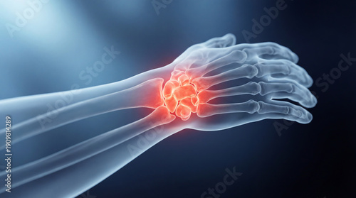 Wrist Pain Illustration: Bone Structure with Red Inflammation Highlighted for Medical Accuracy