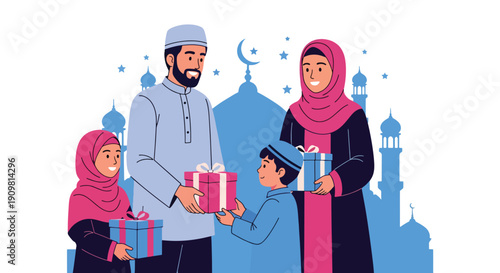 Modern flat vector illustration of Muslim family exchanging gifts during Ramadan, showing love, unity, and joyful spiritual celebration in decorative Islamic style