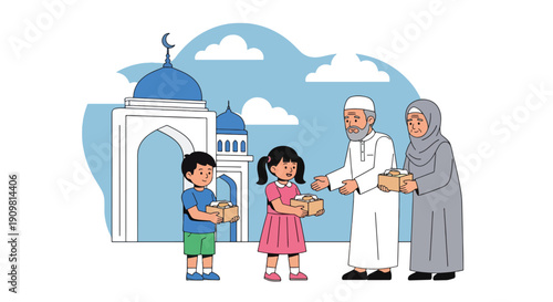 Modern flat vector illustration of children giving food to elderly near mosque, showing kindness, charity, and sharing spirit during Ramadan