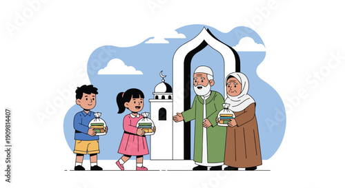 Modern flat vector illustration of children giving food to elderly near mosque, showing kindness, charity, and sharing spirit during Ramadan