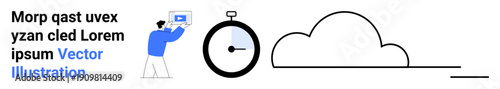 Person with laptop, stopwatch, and cloud icon. Ideal for technology, productivity, digital work, time management, remote services, cloud computing simple landing page
