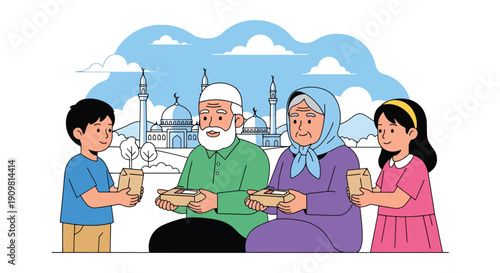 Modern flat vector illustration of children giving food to elderly near mosque, showing kindness, charity, and sharing spirit during Ramadan