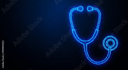 A neon blue stethoscope illustration on a black backdrop, symbolizing healthcare, medicine, and digital medical technology concepts.