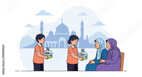 Modern flat vector illustration of children giving food to elderly near mosque, showing kindness, charity, and sharing spirit during Ramadan