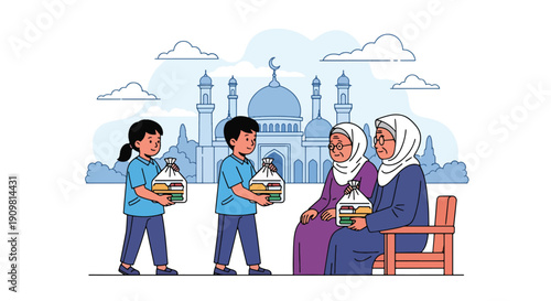 Modern flat vector illustration of children giving food to elderly near mosque, showing kindness, charity, and sharing spirit during Ramadan