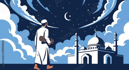 Modern flat vector illustration of Muslim man walking to mosque with prayer mat, showing peaceful Ramadan evening worship routine