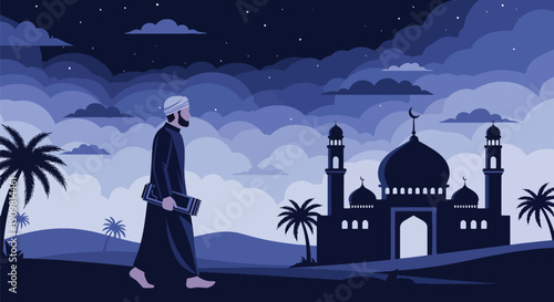 Modern flat vector illustration of Muslim man walking to mosque with prayer mat, showing peaceful Ramadan evening worship routine