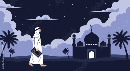 Modern flat vector illustration of Muslim man walking to mosque with prayer mat, showing peaceful Ramadan evening worship routine