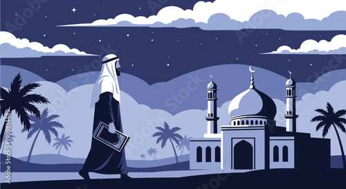 Modern flat vector illustration of Muslim man walking to mosque with prayer mat, showing peaceful Ramadan evening worship routine