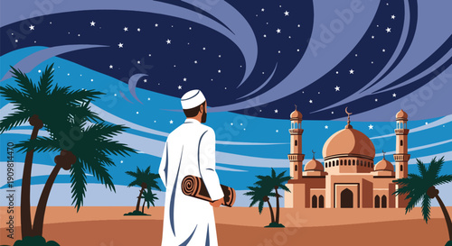 Modern flat vector illustration of Muslim man walking to mosque with prayer mat, showing peaceful Ramadan evening worship routine