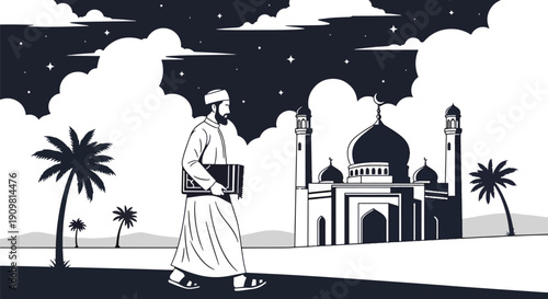 Modern flat vector illustration of Muslim man walking to mosque with prayer mat, showing peaceful Ramadan evening worship routine