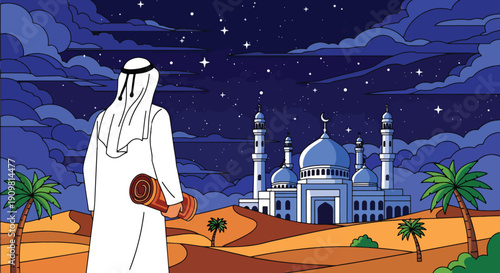 Modern flat vector illustration of Muslim man walking to mosque with prayer mat, showing peaceful Ramadan evening worship routine