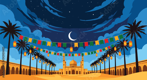 Flat vector illustration of mosque courtyard decorated with flags and lanterns, creating joyful Ramadan celebration atmosphere