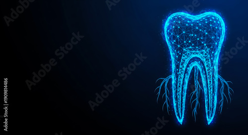 High-tech digital illustration of a molar tooth illuminated in blue, showcasing neural or data network connections for dental or medical concepts.