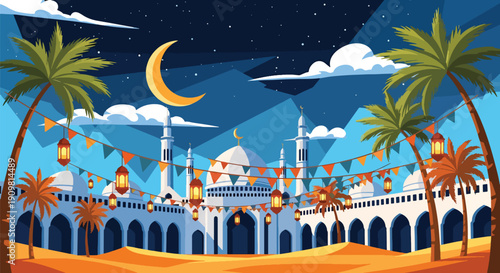 Flat vector illustration of mosque courtyard decorated with flags and lanterns, creating joyful Ramadan celebration atmosphere