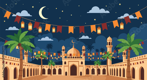 Flat vector illustration of mosque courtyard decorated with flags and lanterns, creating joyful Ramadan celebration atmosphere