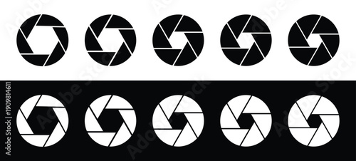 Silhouette Camera Lens Diaphragm Collection – Black Camera Shutter Icons Set, Photography Lens Aperture Symbols, Photo Camera and Shutter Lens Icons, Professional Photography Elements Vector Illustrat