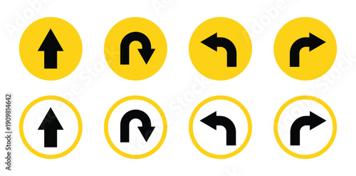 Go Straight, U-Turn, Left and Right Arrow Black and White Traffic Direction Icon Set – Round Road Sign Symbols Collection, Navigation Arrows, Highway Direction Signs, Vector Illustration Pack for Maps