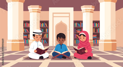 Flat vector illustration of children reading Quran together in mosque hall, showing joyful learning and spiritual Ramadan education
