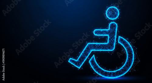 Neon blue wheelchair accessibility icon illuminated on a dark space-themed backdrop featuring a crescent moon, symbolizing inclusivity and universal design.