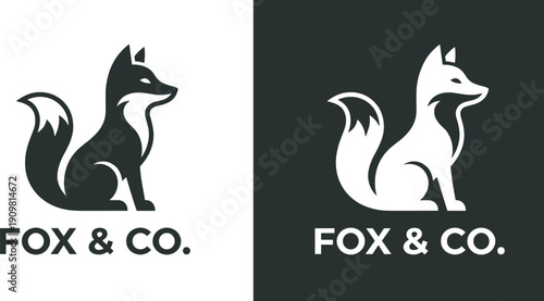 Fox logo silhouette design, black and white animal emblem vector isolated on background template