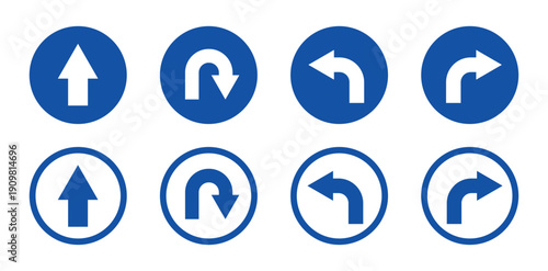 Go Straight, U-Turn, Left and Right Arrow Black and White Traffic Direction Icon Set – Round Road Sign Symbols Collection, Navigation Arrows, Highway Direction Signs, Vector Illustration Pack for Maps
