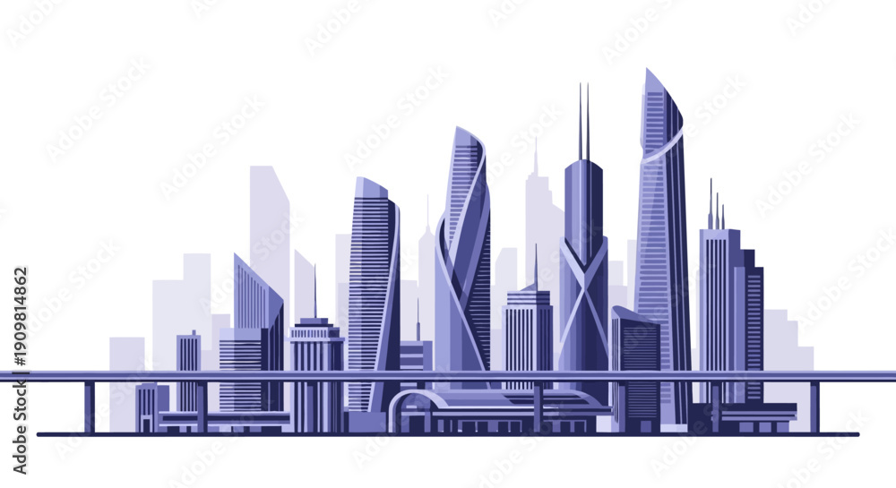 Naklejka premium Modern City Skyline with Sleek Skyscrapers and Urban Landscape.