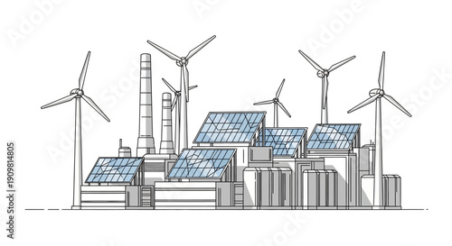 Renewable Energy Power Plant with Solar Panels and Wind Turbines.