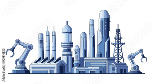 Industrial factory with robotic arms and machinery equipment.