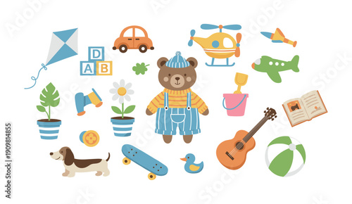 Set of cute children's toys and accessories featuring teddy bear car helicopter guitar and skateboard flat vector illustration