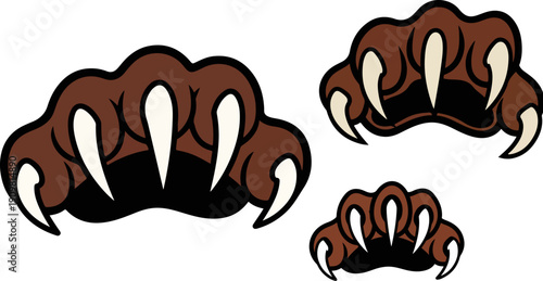 Brown Bear Claw Vector Set with Sharp White Claws, Animal Paw Print Graphic, Mascot Element, isolated on white