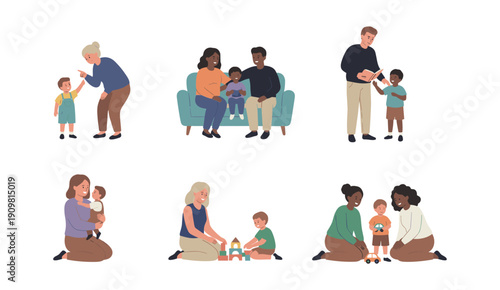 Set of diverse families spending quality time together with parents playing reading and caring for children flat vector illustration