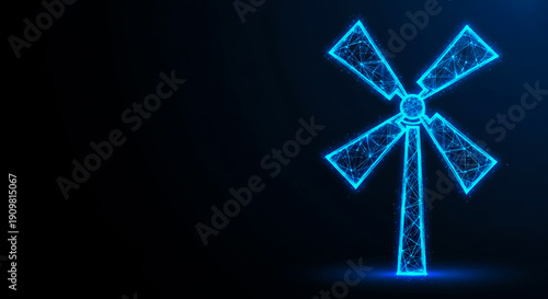 Futuristic 3D-rendered wind turbine with neon blue circuit-like connections, symbolizing renewable energy and technology integration.