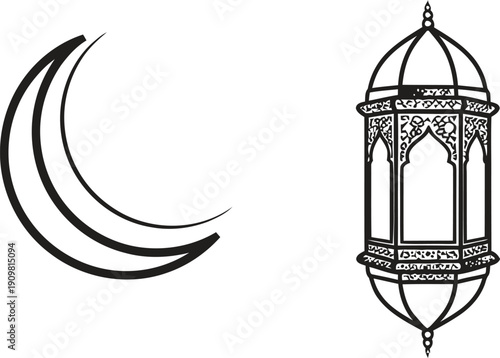 A simple black and white drawing of a crescent moon and a lantern.