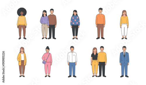 Set of diverse young adults and couples standing in stylish casual and formal outfits flat vector illustration