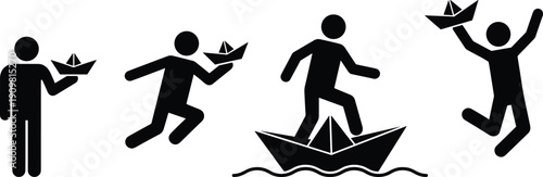 Paper boat silhouette sequence showing business risk, growth journey, leadership challenge, success motivation and entrepreneurial progress concept illustrationPaper boat