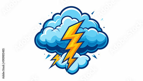 A vibrant illustration of a thunderstorm with lightning bolts striking through cloudy skies from a frontal viewpoint