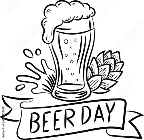 Beer day logo with foaming glass pint and hops in doodle line art vector