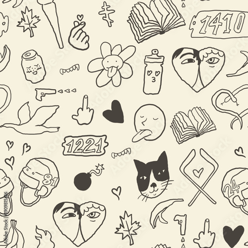 Seamless pattern with linear romantic elements in hand drawn style.Element for decoration design postcards poster background backdrop wrapping wallpaper banner textile packaging