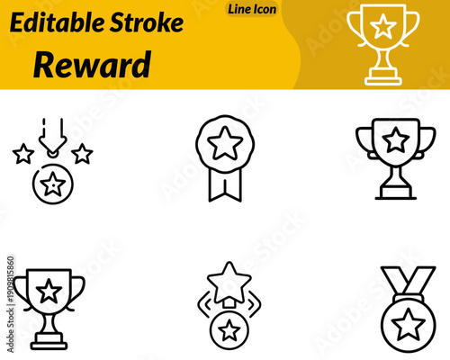 A modern reward icon featuring a trophy medal or gift box with a ribbon. Symbolizing achievement recognition success and appreciation. Designed with clean lines and balanced shapes in a simple.