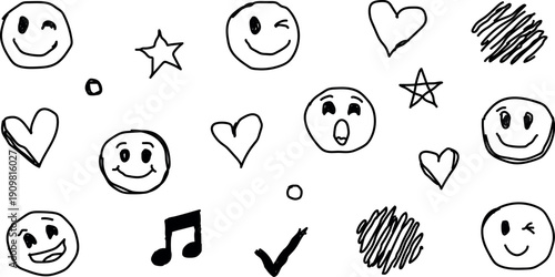 A collection of hand drawn smiley faces hearts and symbols